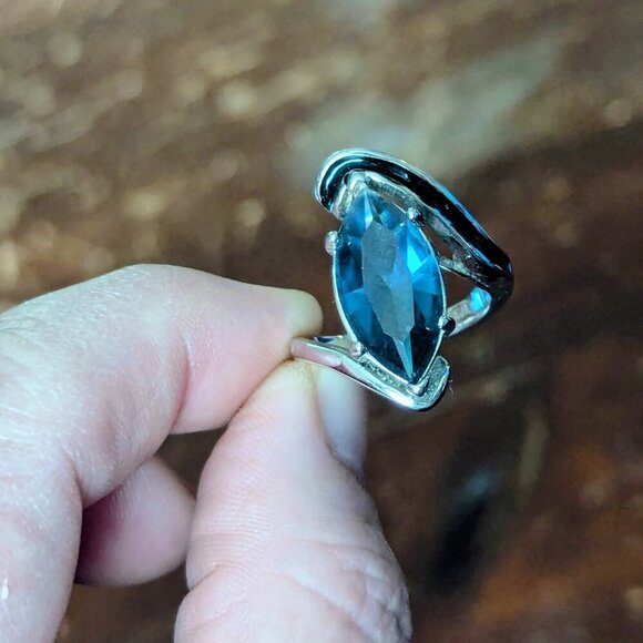 Estate Blue Sapphire Topaz Rhinestone Silver Marquise Bypass Ring RHOD E.P. S/A - Picture 3 of 9